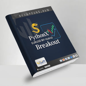 Book titled 'PythonX EURUSD M1 Hybrid Breakout' with branding on a gray background