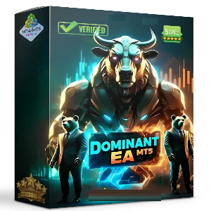 Box for Dominant EA MT5 with a stylized bull and bear design on a dark background