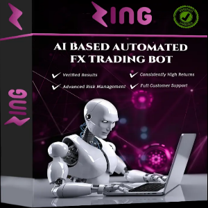 AI-based automated FX trading bot packaging with a robot and laptop on a dark background
