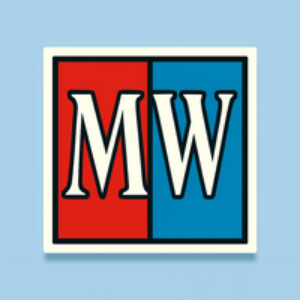Logo with 'MW' in white on a blue and red background