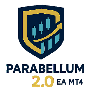 Parabellum 2.0 EA MT4 logo with a shield design and candlestick charts on a white background.