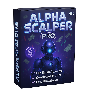 Alpha Scalper Pro packaging with a robot illustration on a dark background