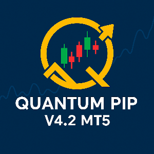 Logo of Quantum Pip V4.2 MT5 on a blue background with candlestick chart symbols.
