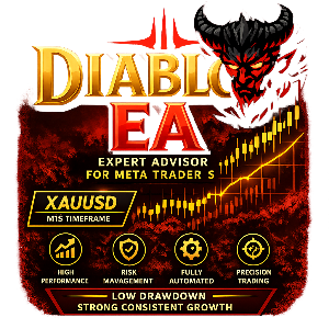 Promotional graphic for Diablo EA with a devil-like figure and trading-related text.