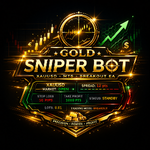 Glossy logo of Gold Sniper Bot with gold and black design elements on a dark background