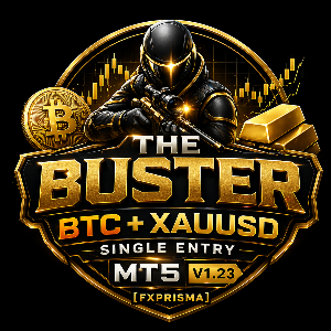 Logo of 'The Buster' with a sniper, Bitcoin symbol, gold bars, and text on a black background.