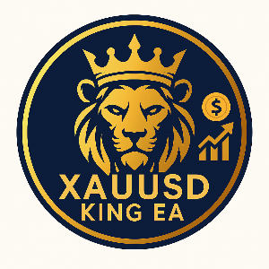Logo of XAUUSD King EA with a lion wearing a crown on a blue background