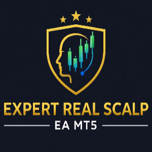 Logo for 'Expert Real Scalp EA MTS' with a shield and profile head design on a dark background.