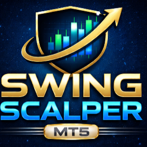 Logo of Swing Scalper MT5 on a dark background with colorful elements.