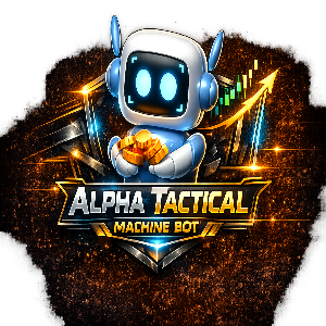 Alpha Tactical Machine Bot logo with a robot holding gold coins on a dark background