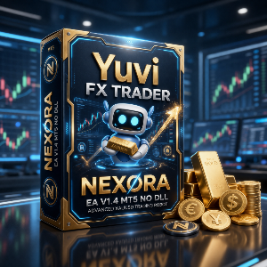 Yuvi FX Trader Nexora packaging with gold coins and a digital background