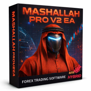 Box for Mashallah Pro V2 EA Forex Trading Software with a person in a red hood and helmet on a dark background.