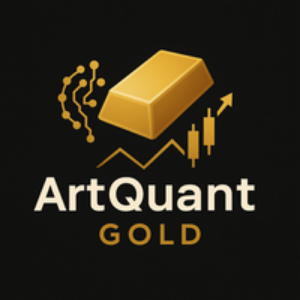ArtQuant Gold logo with a gold bar and abstract elements on a black background