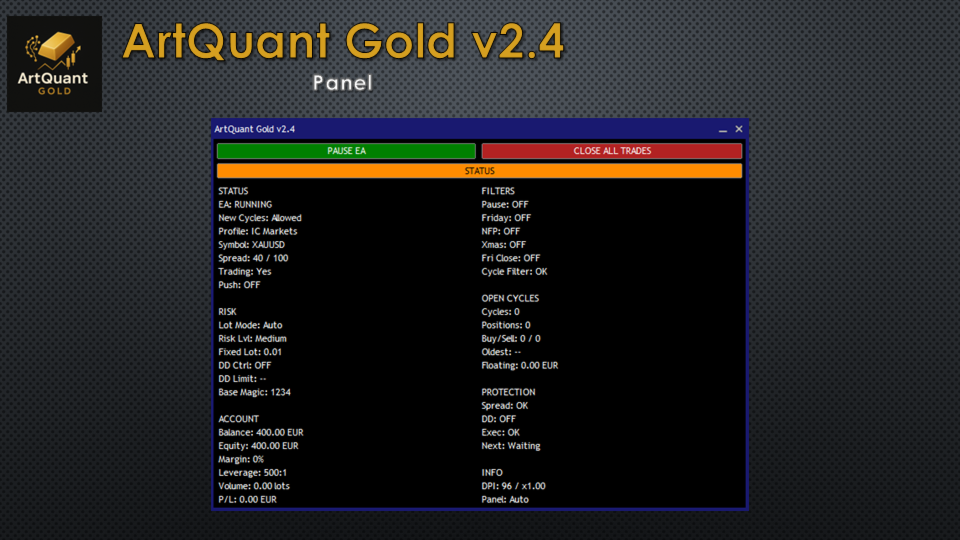 ArtQuant Gold v2.4 software panel on a dark background