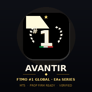 A promotional graphic for Avantir, featuring a black rounded square with a stylized flag icon, the number 1, and small green, white, and red accents. Below, the text reads 'AVANTIR', 'FTMO #1 GLOBAL • EAs SERIES', and 'MTS • PROP FIRM READY • VERIFIED' on a black background.