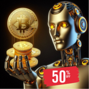 Robotic hand holding Bitcoin and coins with a 50% off label on a dark background