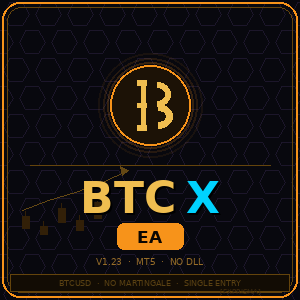 BTC X EA logo with Bitcoin symbol on a dark background
