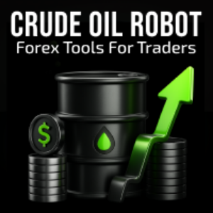 Crude oil robot forex tools for traders with a black oil drum and green arrow.