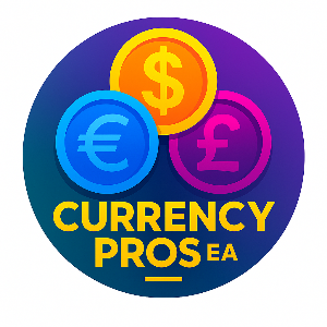 Logo for Currency Pros EA with dollar, euro, and pound symbols on a blue background