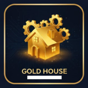 A square graphic with a dark navy background and gold border, featuring a glowing golden house with gears above it and the text 'GOLD HOUSE' below.
