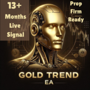 Gold robot head with text about live signal, prop firm readiness, and Gold Trend EA on a dark background.