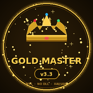 Gold Master logo with crown and 'v3.3' text on a black background
