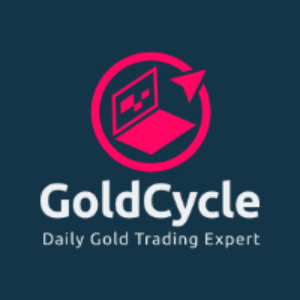 GoldCycle logo and branding on a dark teal background, with a pink circular icon above the white text 'GoldCycle' and the subtitle 'Daily Gold Trading Expert'.