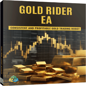 Gold Rider EA packaging with gold bars and trading chart on a dark background