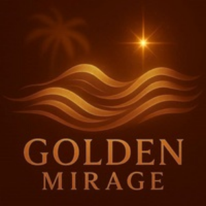 Logo with wavy lines and 'Golden Mirage' text on a dark background