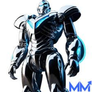 Robotic figure with metallic finish and glowing elements on a white background