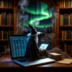 Person in a wizard hat using a laptop in a library with a glowing green sky