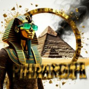 Person in Egyptian costume with pyramid and 'Pharaoh' text