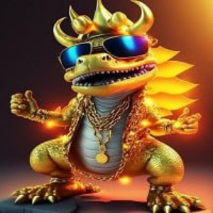 Gold dragon figurine with sunglasses and jewelry on a dark background