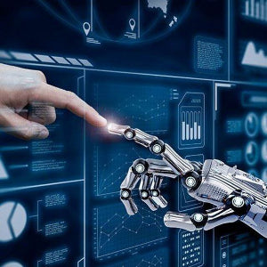 Hand reaching towards a robot hand against a futuristic interface background