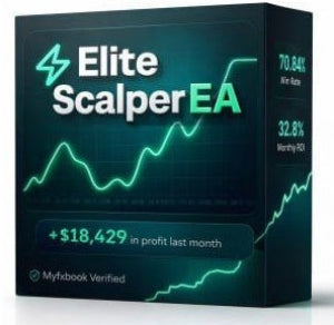 Elite Scalper EA packaging with green and white design on a black background