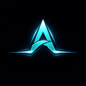 Neon blue logo on a black background