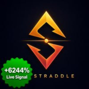 Straddle cryptocurrency logo with a gold and orange geometric emblem on a black background, featuring a green circular badge that reads '+6244% Live Signal' and the word 'STRADDLE' at the bottom.