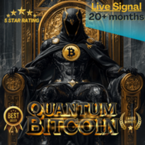 Character in a dark outfit with a helmet and Bitcoin symbol, sitting on a throne with 'Quantum Bitcoin' branding.