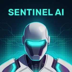 Robotic figure with 'SENTINEL AI' text on a dark background