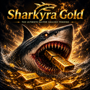 Shark with gold teeth and a gold bar on a dark background with 'Sharkyra Gold' text.