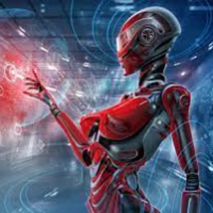 Robotic figure with red and gray color scheme against a futuristic background