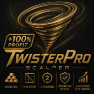 Promotional graphic for the TwisterPro Scalper trading bot, featuring a golden whirlwind icon, a '+100% PROFIT' badge, and several feature icons including 'JAUSADO', 'NO GRID', '2 MODES', and 'PREMIUM READY' on a black background.