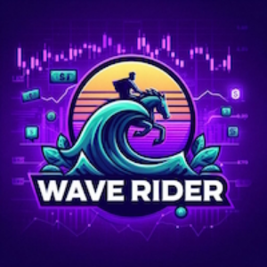 Logo for 'Wave Rider' with a person on a surfboard, wave, and colorful background.