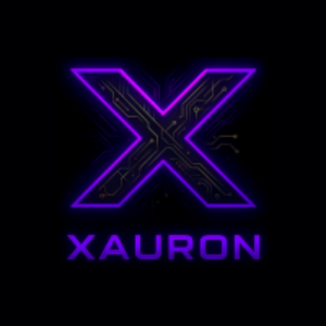 Neon purple 'X' logo with 'Xauron' text on a black background